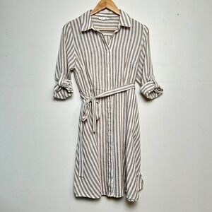 Zoey & Leelo Striped Button Front Tie Waist Shirt Dress Tan PM